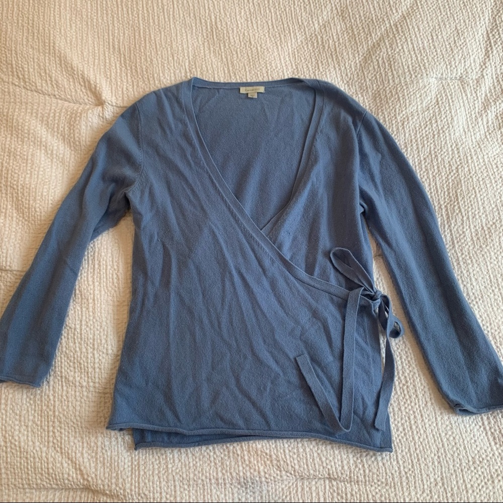 Garnet Hill blue wrap sweater 100% cashmere
